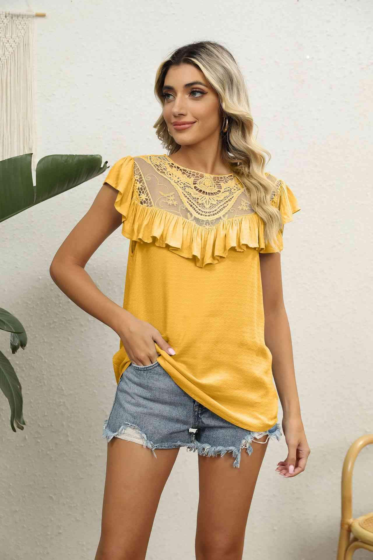 Spliced Lace Ruffled Blouse Blouses - Tophatter Daily Deals