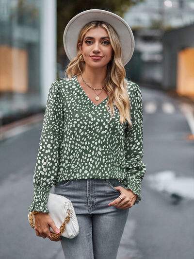 Printed V-Neck Lantern Sleeve Blouse Sage Blouses - Tophatter Daily Deals