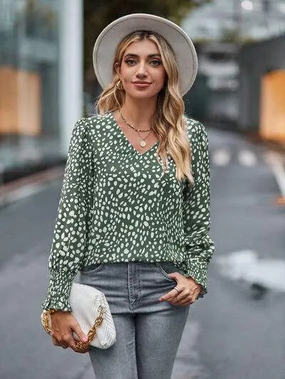 Printed V-Neck Lantern Sleeve Blouse Sage Blouses - Tophatter Daily Deals