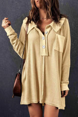 Waffle Knit Buttoned Long Sleeve Top with Breast Pocket Blouses - Tophatter Daily Deals