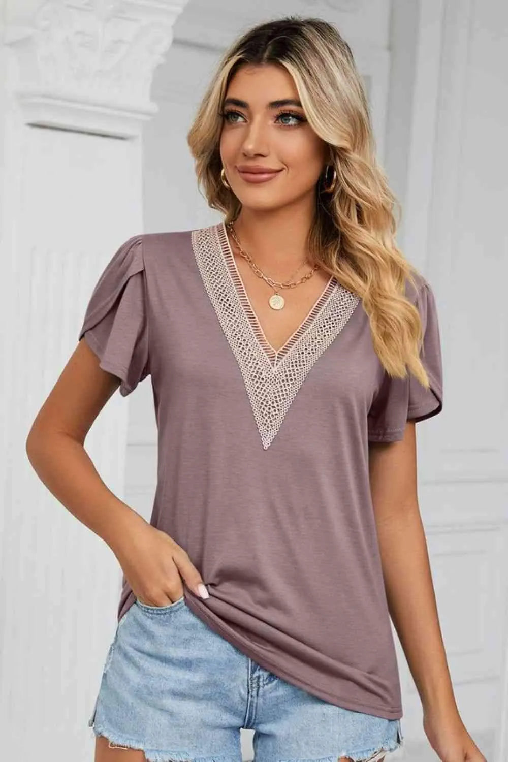 Contrast Trim Petal Sleeve V-Neck Top Mauve Blouses - Tophatter Daily Deals