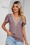 Contrast Trim Petal Sleeve V-Neck Top Mauve Blouses - Tophatter Daily Deals