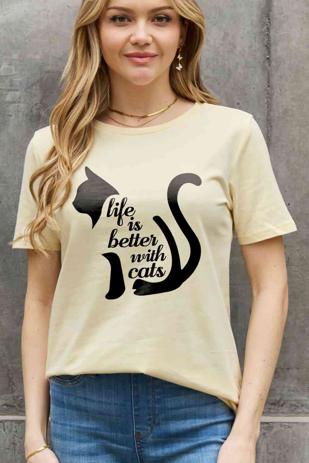 Simply Love Simply Love Full Size LIFE IS BETTER WITH CATS Graphic Cotton Tee Women's T-Shirts - Tophatter Daily Deals