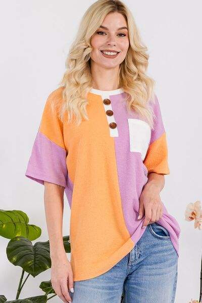 Celeste Full Size Color Block Short Sleeve T-Shirt LILAC Blouses - Tophatter Daily Deals