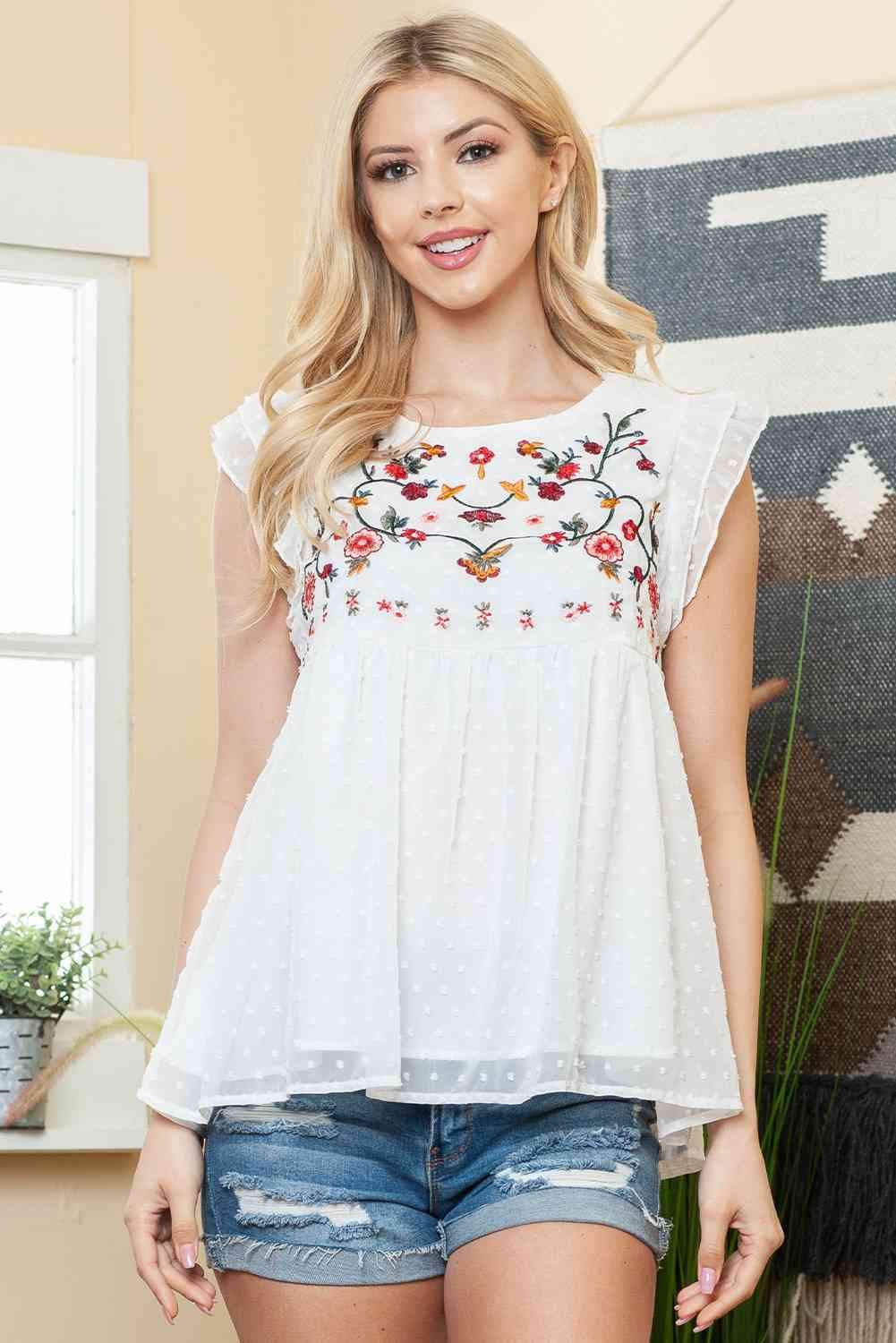 Floral Embroidered Swiss Dot Babydoll Blouse White Blouses - Tophatter Daily Deals