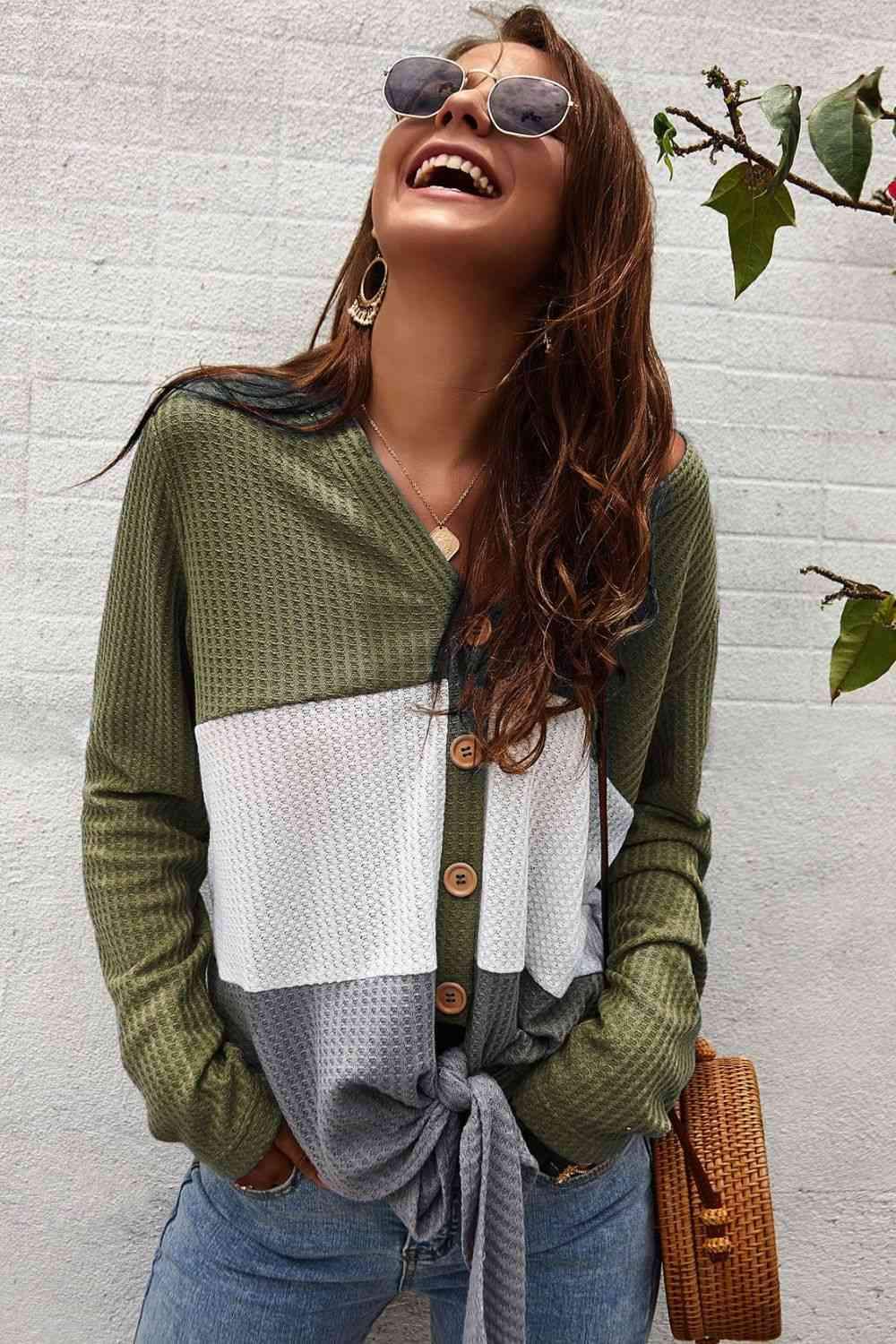 Color Block Waffle Knit V-Neck Top Blouses - Tophatter Daily Deals