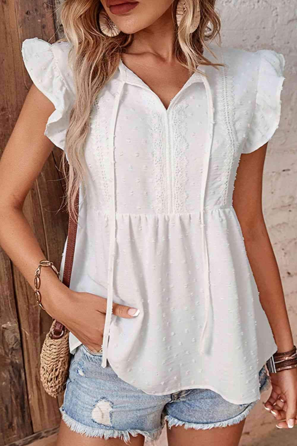 Swiss Dot Tie-Neck Flutter Sleeve Peplum Blouse White Blouses - Tophatter Daily Deals