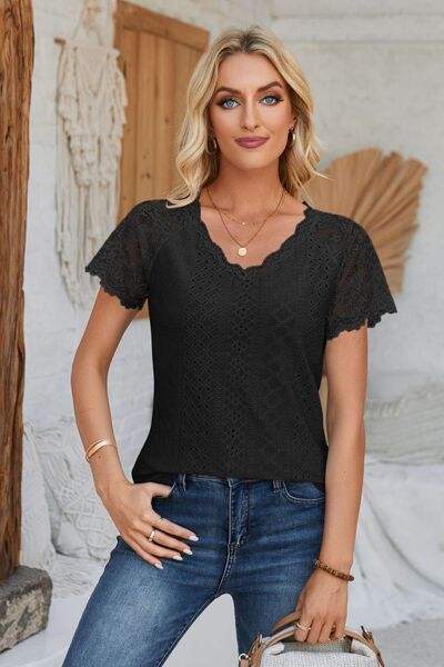 Eyelet V-Neck Lace Short Sleeve T-Shirt Women's T-Shirts - Tophatter Daily Deals