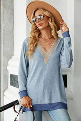 Slit V-Neck Long Sleeve T-Shirt Women's T-Shirts - Tophatter Daily Deals