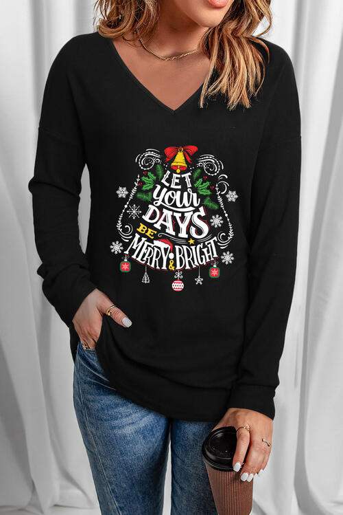 Letter Graphic V-Neck Long Sleeve T-Shirt Black Women's T-Shirts - Tophatter Daily Deals