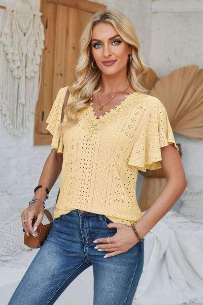 Eyelet Applique V-Neck Cap Sleeve T-Shirt Women's T-Shirts - Tophatter Daily Deals