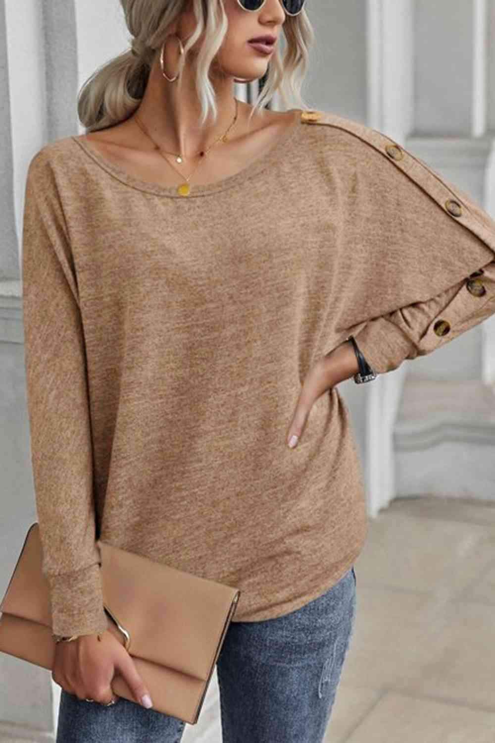 Boat Neck Buttoned Long Sleeve T-Shirt Women's T-Shirts - Tophatter Daily Deals