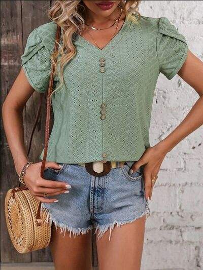 Eyelet V-Neck Petal Sleeve T-Shirt Sage Women's T-Shirts - Tophatter Daily Deals