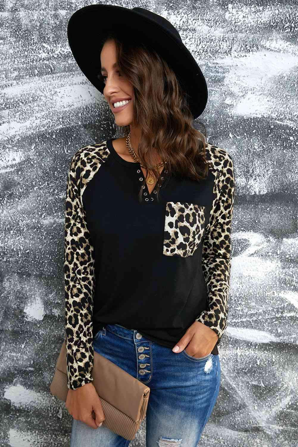 Leopard Print Grommet Long Sleeve Tee Black Women's T-Shirts - Tophatter Daily Deals