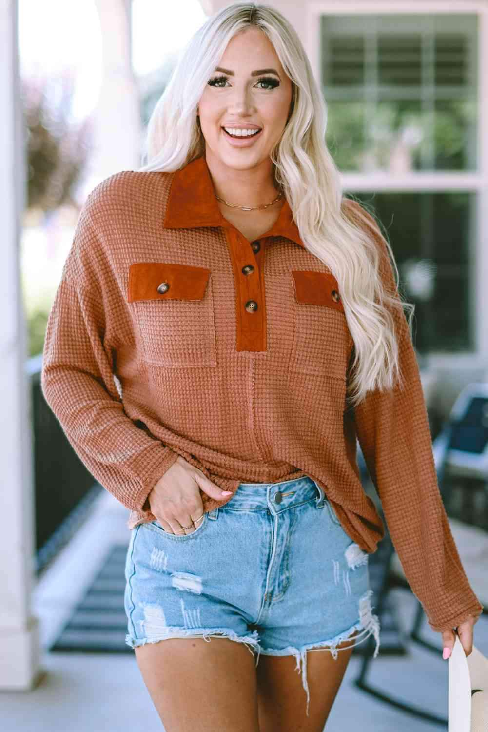 Half-Button Collared Long Sleeve Top Caramel Blouses - Tophatter Daily Deals