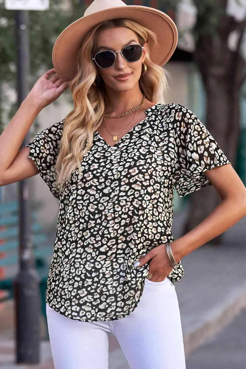 Floral Notched Neck Flutter Sleeve Blouse Black Blouses - Tophatter Daily Deals