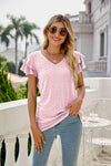 Eyelet Layered Flutter Sleeve V-Neck Top Blush Pink Blouses - Tophatter Daily Deals