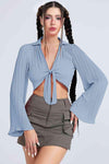 Tie Front Johnny Collar Flare Sleeve Cropped Top Misty Blue Blouses - Tophatter Daily Deals