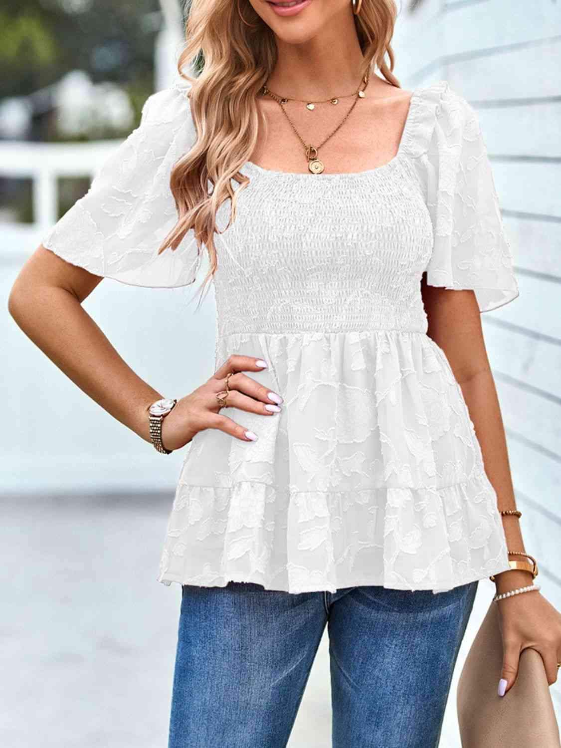 Smocked Square Neck Babydoll Blouse Blouses - Tophatter Daily Deals