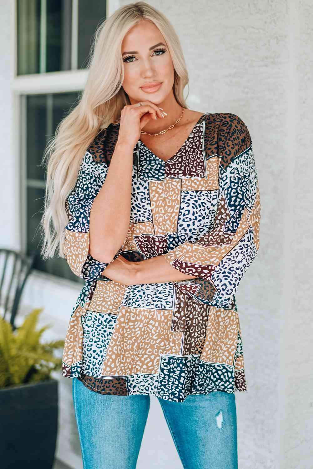 Leopard Patchwork V-Neck Top Multi Blouses - Tophatter Daily Deals