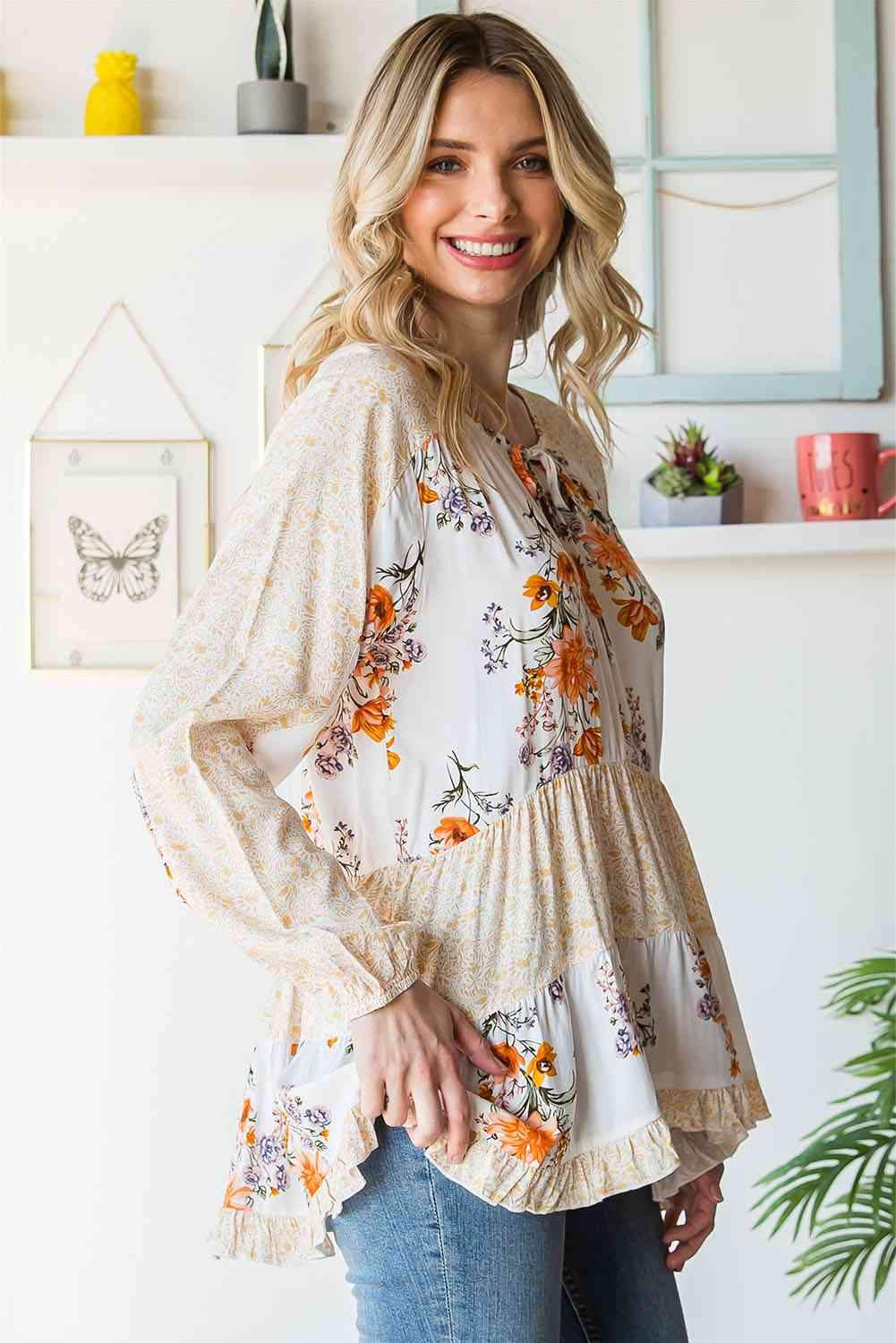 Floral Tie Neck Tiered Blouse Blouses - Tophatter Daily Deals