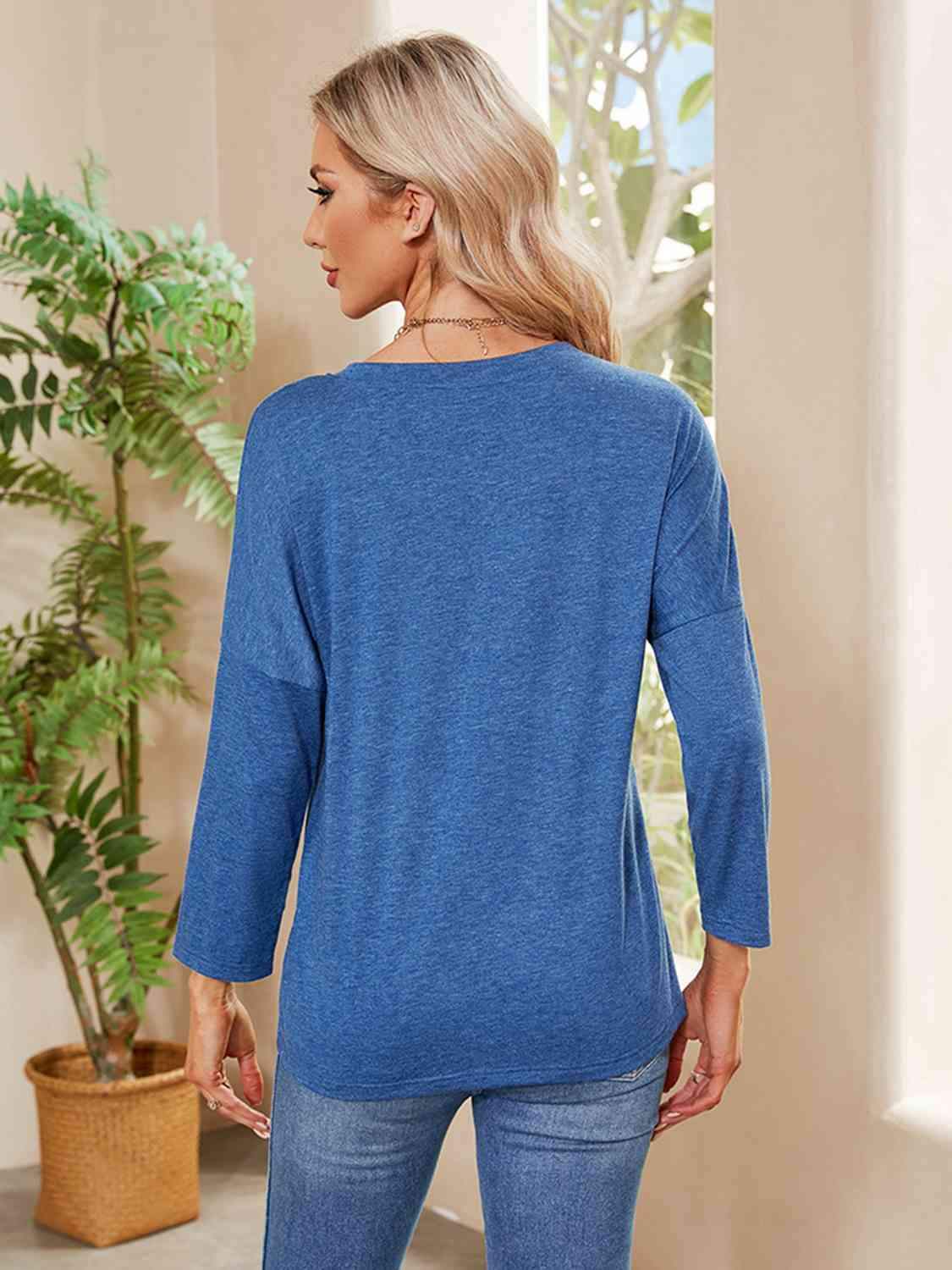 Round Neck Long Sleeve Drop Shoulder Blouse Blouses - Tophatter Daily Deals