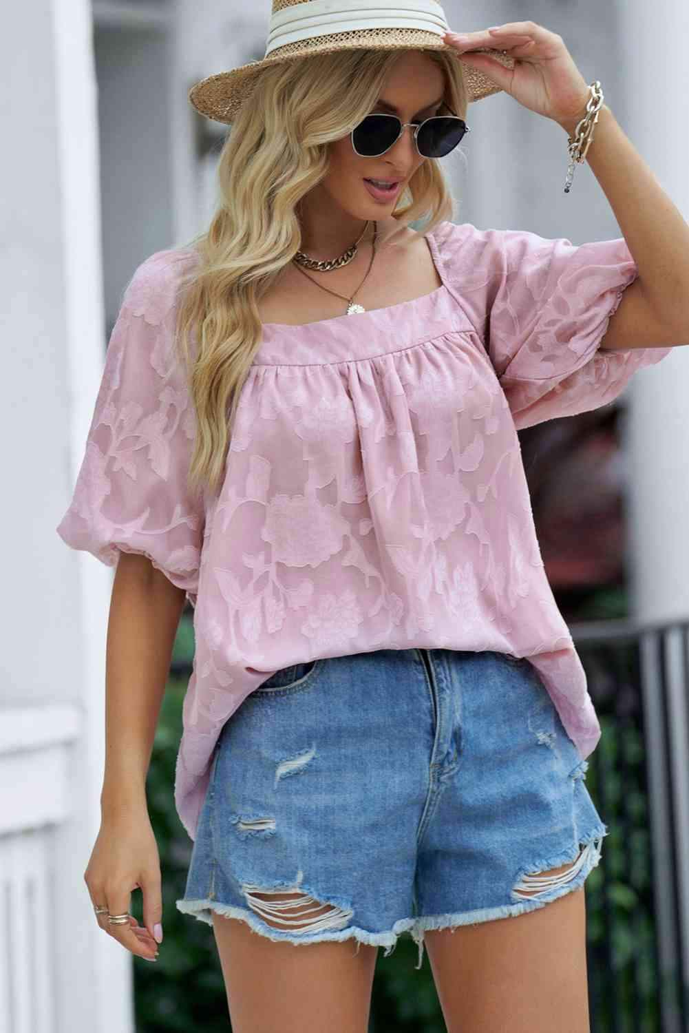 Applique Puff Sleeve Square Neck Blouse Blouses - Tophatter Daily Deals