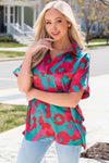 Printed Johnny Collar Short Sleeve Top Blouses - Tophatter Daily Deals