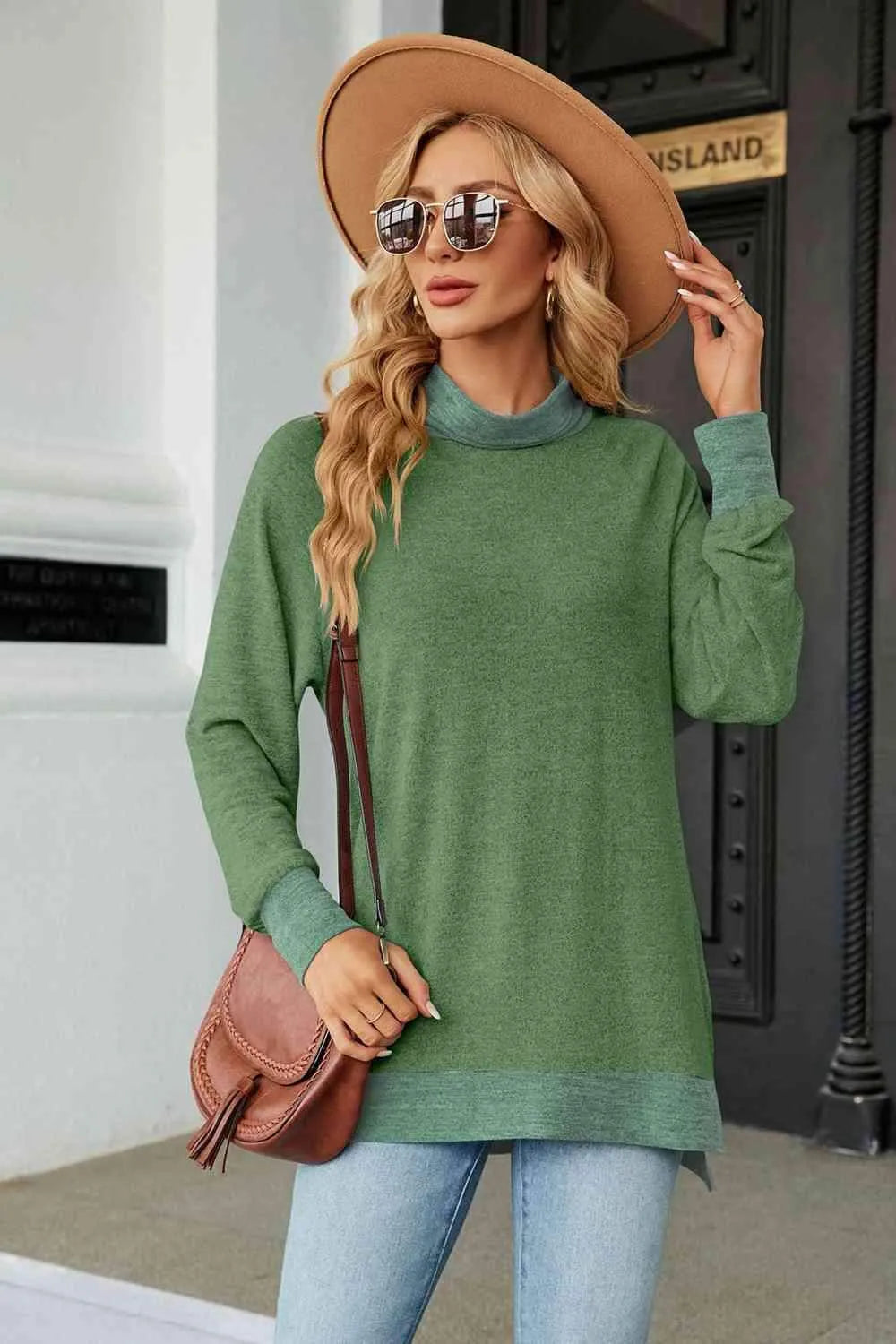 Turtle Neck Long Sleeve Slit Blouse Mid Green Blouses - Tophatter Daily Deals
