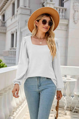Waffle-Knit Puff Sleeve Square Neck Top Blouses - Tophatter Daily Deals