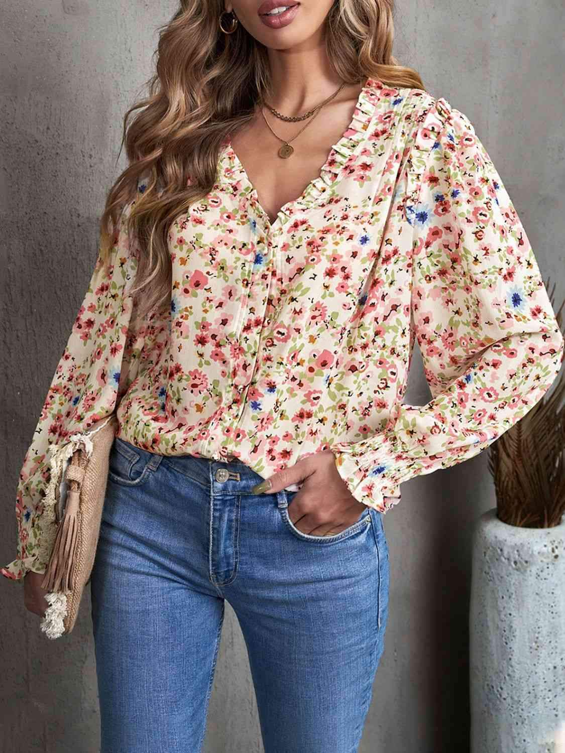 Floral Frill Trim V-Neck Flounce Sleeve Blouse Floral Blouses - Tophatter Daily Deals