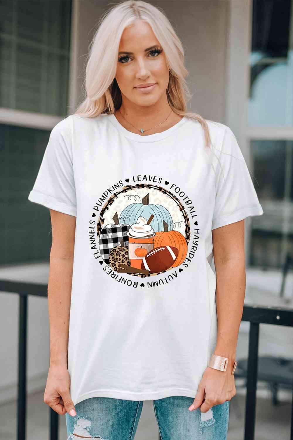 Pumpkin Graphic Round Neck Cuffed T-Shirt Women's T-Shirts - Tophatter Daily Deals