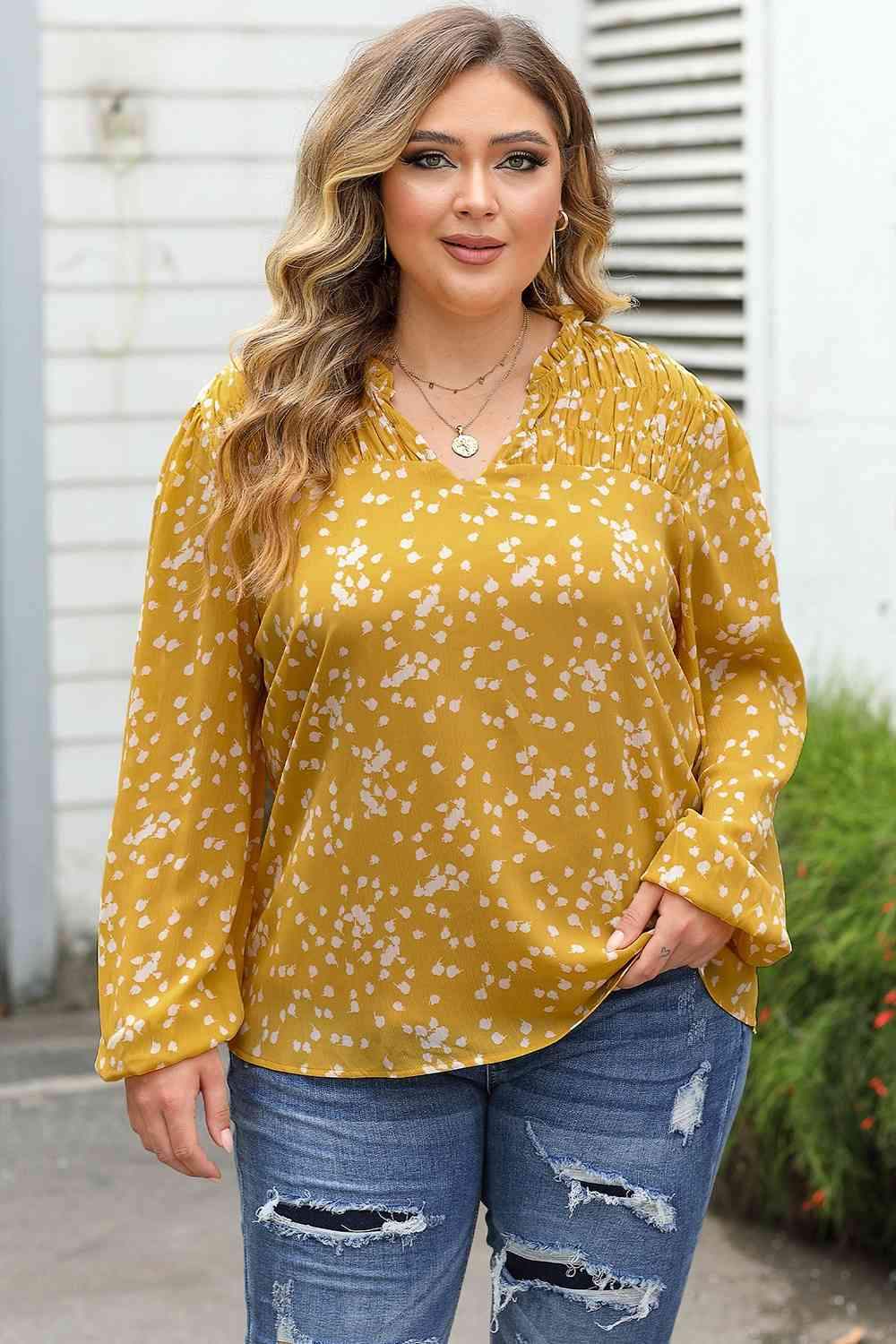 Plus Size Notched Neck Smocked Blouse Canary Yellow Blouses - Tophatter Daily Deals