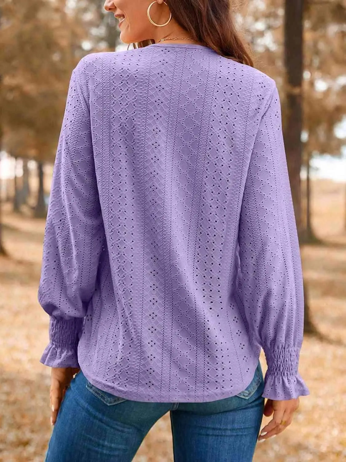 Eyelet V-Neck Flounce Sleeve Top Blouses - Tophatter Daily Deals