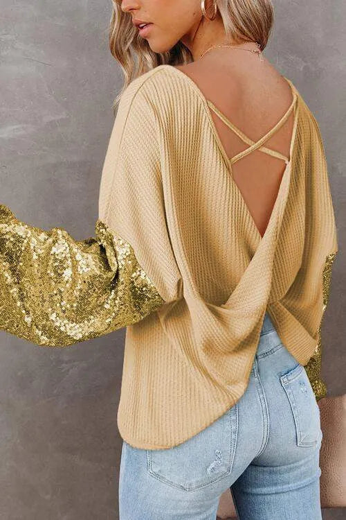 Sequin Waffle-Knit Blouse Blouses - Tophatter Daily Deals