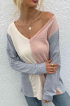 Color Block V-Neck Long Sleeve Blouse Blouses - Tophatter Daily Deals