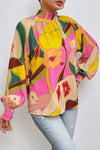 Floral Smocked Lantern Sleeve Mock Neck Blouse Blouses - Tophatter Daily Deals