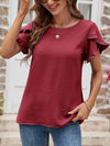 Textured Petal Sleeve Round Neck Tee Wine Women's T-Shirts - Tophatter Daily Deals