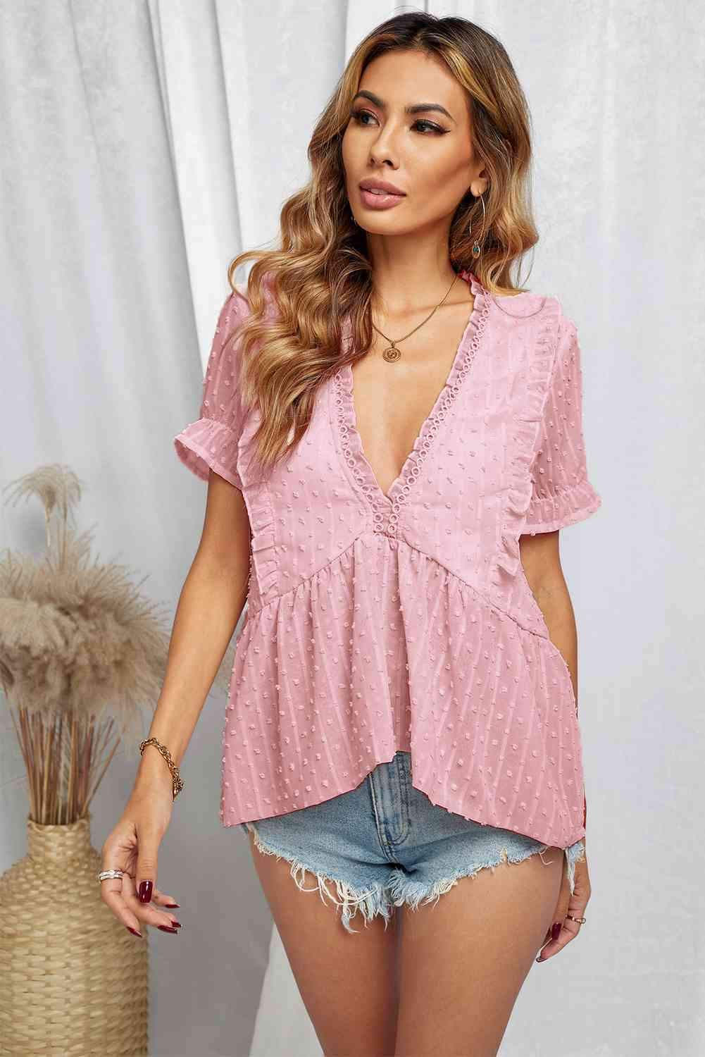 Swiss Dot Deep V Flounce Sleeve Blouse Blush Pink Blouses - Tophatter Daily Deals