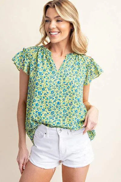 Kori America Floral Notched Ruffled Cap Sleeve Blouse BLUE COMBO Blouses - Tophatter Daily Deals