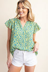 Kori America Floral Notched Ruffled Cap Sleeve Blouse - Tophatter Deals