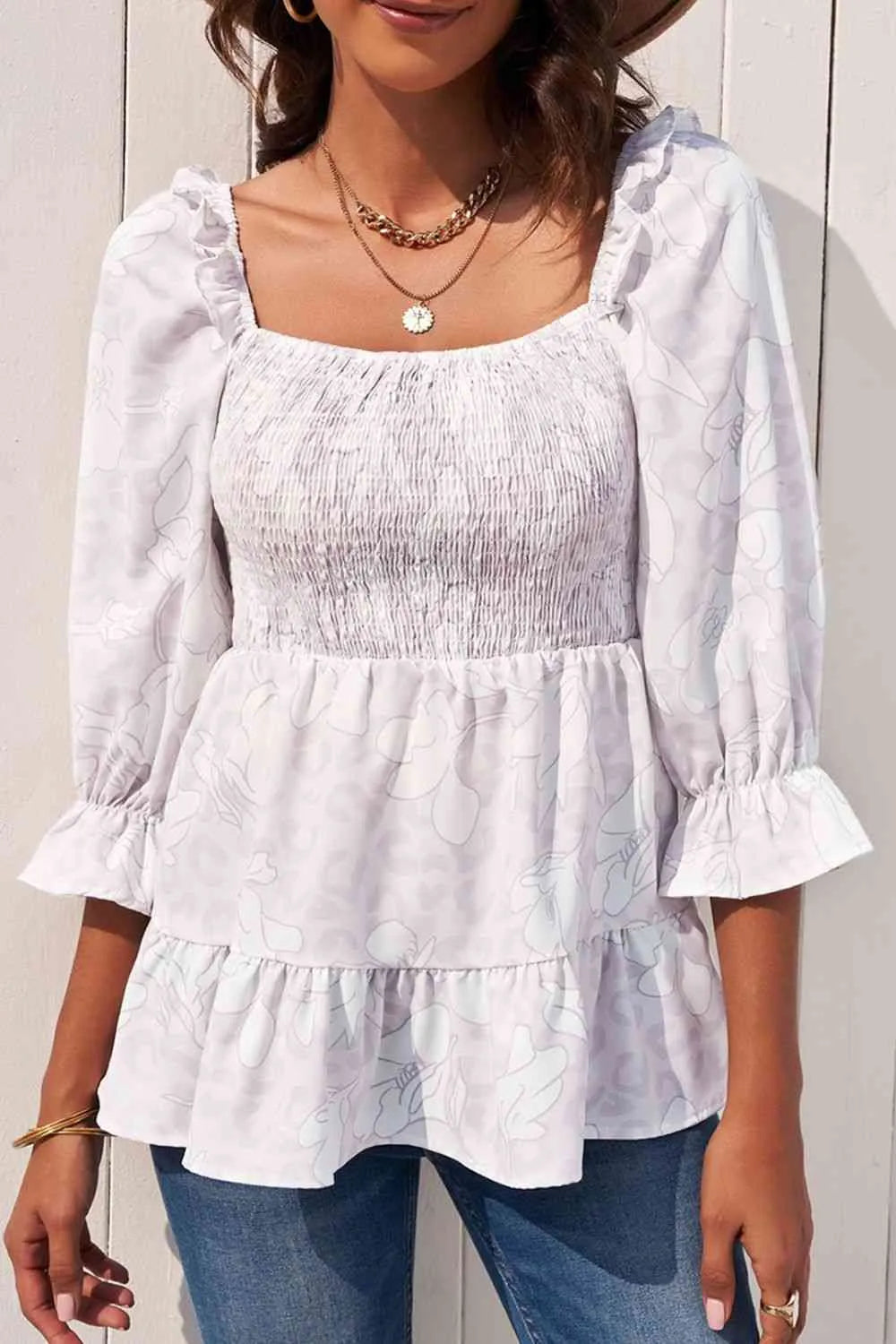 Floral Smocked Ruffled Babydoll Top Blouses - Tophatter Daily Deals