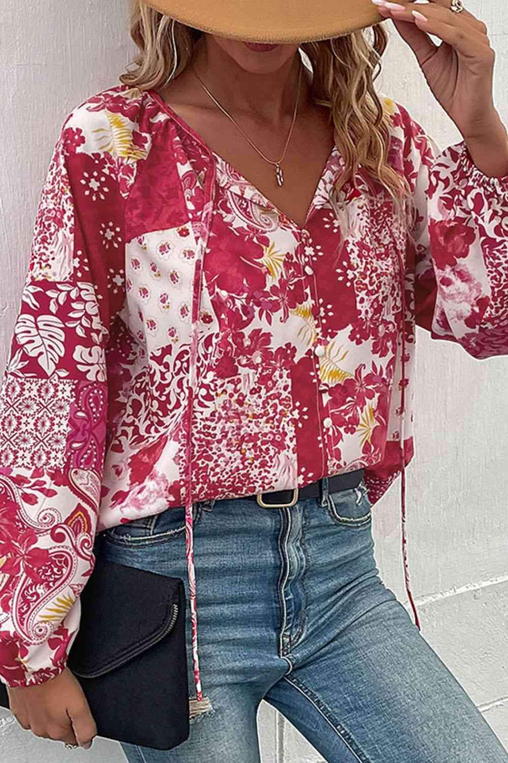 Patchwork Buttoned Tie-Neck Balloon Sleeve Blouse Blouses - Tophatter Daily Deals