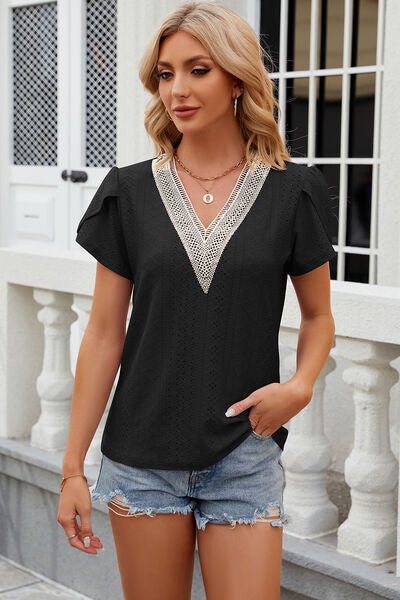 Eyelet V-Neck Petal Sleeve T-Shirt Women's T-Shirts - Tophatter Daily Deals