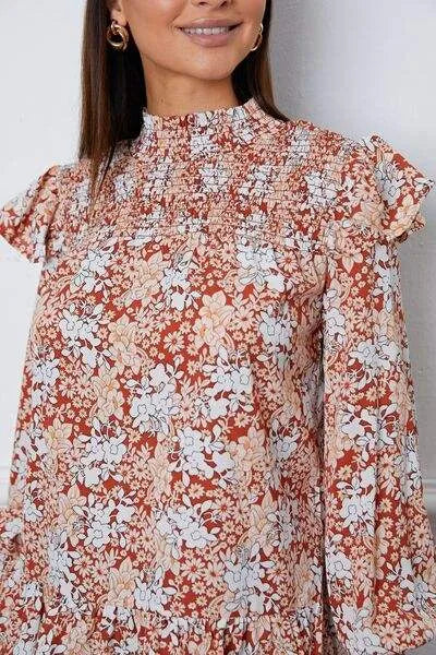 Floral Smocked Lantern Sleeve Ruffled Blouse Blouses - Tophatter Daily Deals