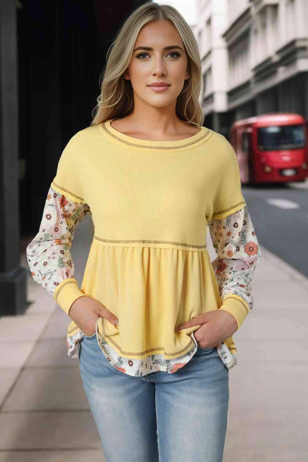 Round Neck Long Sleeve Babydoll Blouse Butter Yellow Blouses - Tophatter Daily Deals