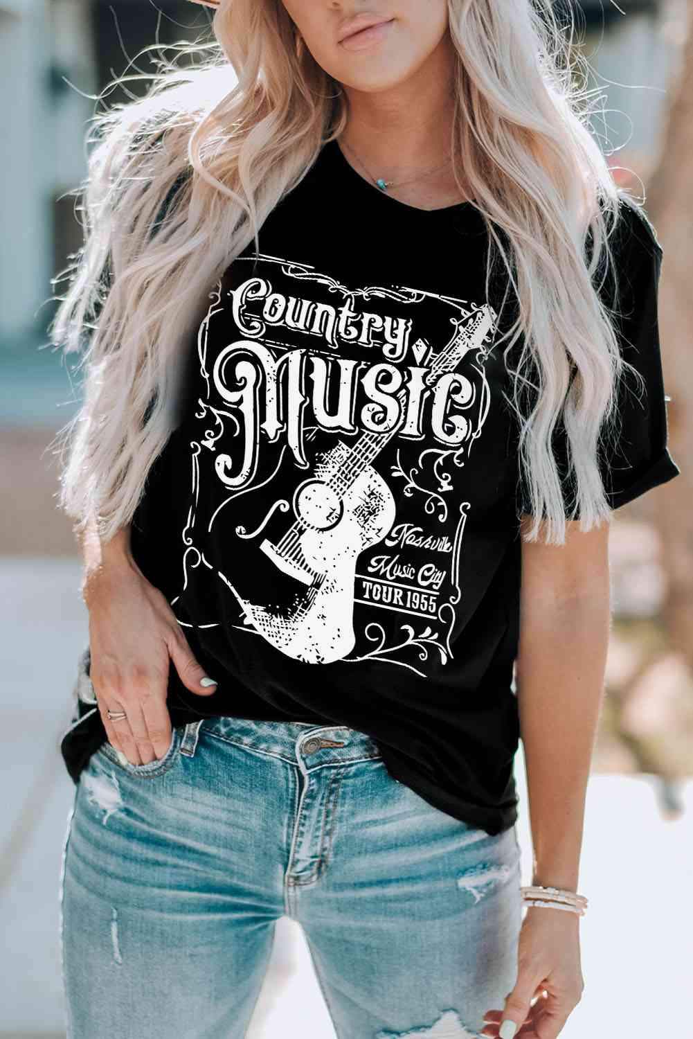 COUNTRY MUSIC Graphic Short Sleeve Tee Shirt Women's T-Shirts - Tophatter Daily Deals