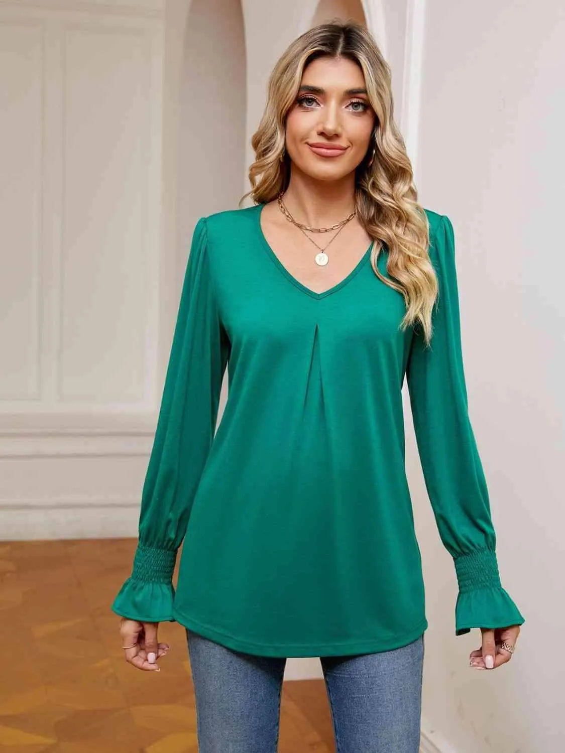 V-Neck Flounce Sleeve Blouse Blouses - Tophatter Daily Deals