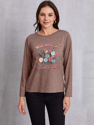 Graphic Round Neck Long Sleeve T-Shirt Mocha Women's T-Shirts - Tophatter Daily Deals