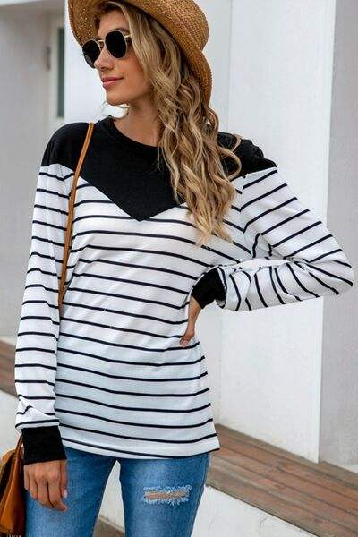 Striped Round Neck Long Sleeve T-Shirt Women's T-Shirts - Tophatter Daily Deals